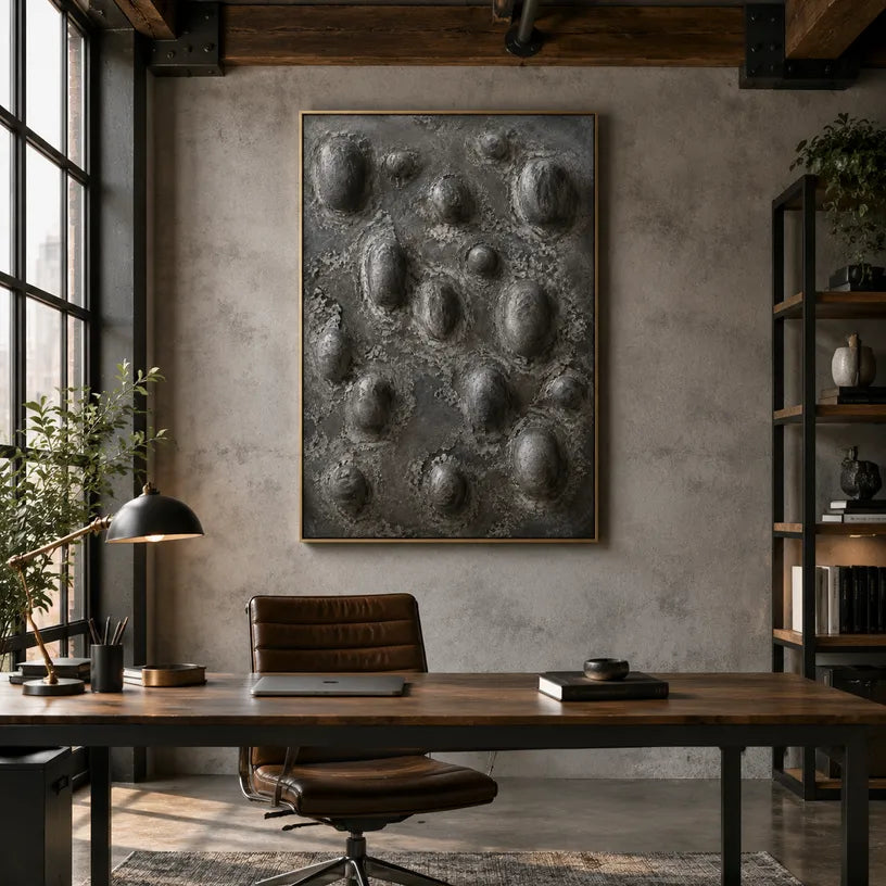 Wabi-Sabi abstract oil painting showing layered abstract marks, texture and expressive painterly movement in a black palette.