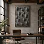 Wabi-Sabi abstract oil painting showing layered abstract marks, texture and expressive painterly movement in a black palette.