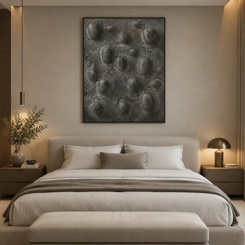 Wabi-Sabi abstract oil painting showing layered abstract marks, texture and expressive painterly movement in a black palette.