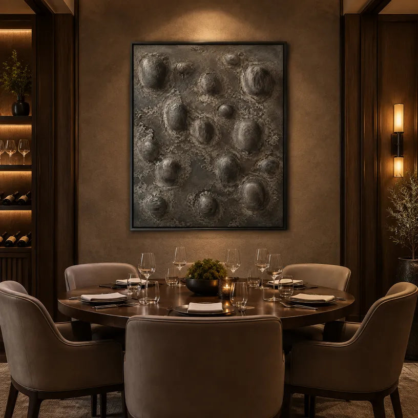 Wabi-Sabi abstract oil painting showing layered abstract marks, texture and expressive painterly movement in a black palette.