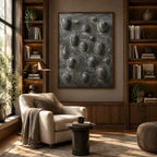 Wabi-Sabi abstract oil painting showing layered abstract marks, texture and expressive painterly movement in a black palette.