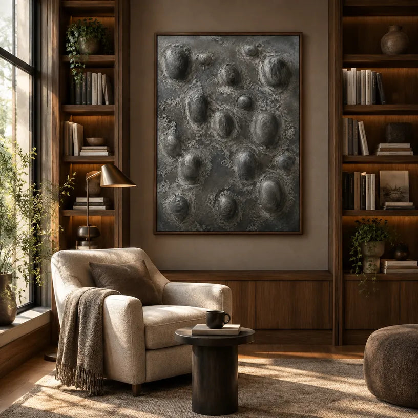 Wabi-Sabi abstract oil painting showing layered abstract marks, texture and expressive painterly movement in a black palette.