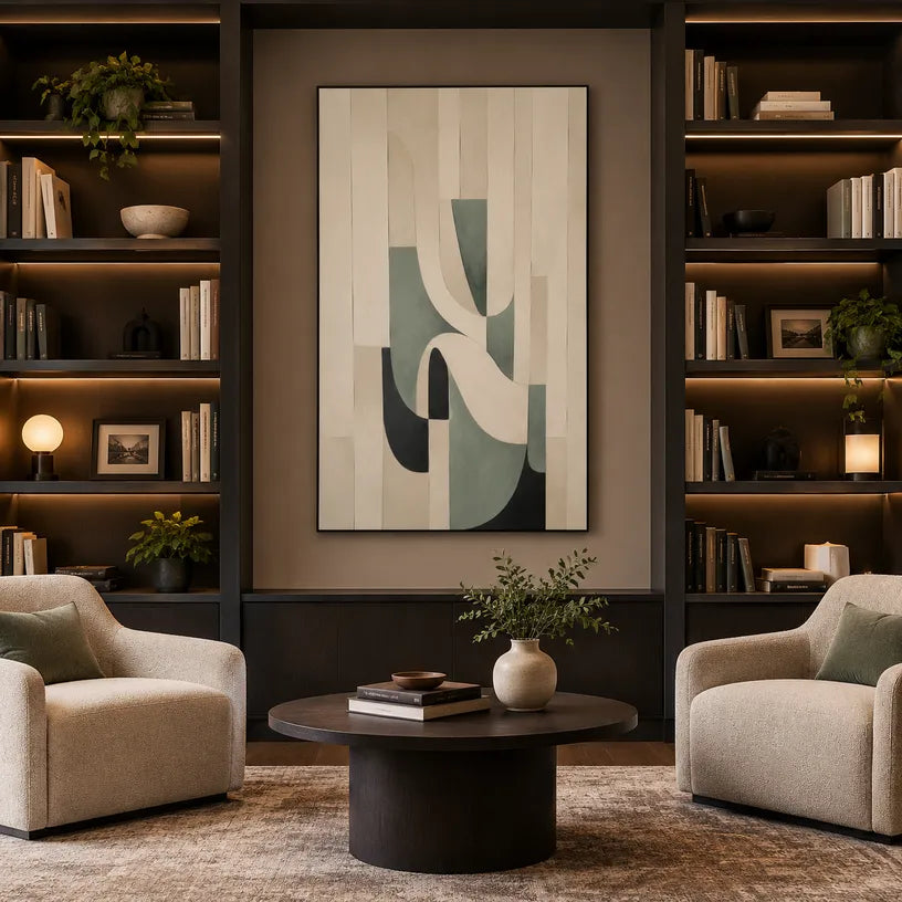 Wabi-Sabi abstract oil painting showing layered abstract marks, texture and expressive painterly movement in a beige palette.