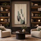 Wabi-Sabi abstract oil painting showing layered abstract marks, texture and expressive painterly movement in a beige palette.