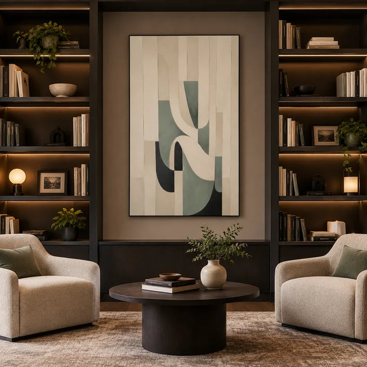 Pittura a olio astratta e concettuale Wabi-Sabi con segni astratti stratificati, consistenza e movimento pittorico espressivo in una tavolozza beige.