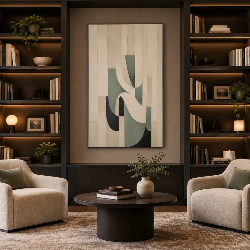 Pittura a olio astratta e concettuale Wabi-Sabi con segni astratti stratificati, consistenza e movimento pittorico espressivo in una tavolozza beige.