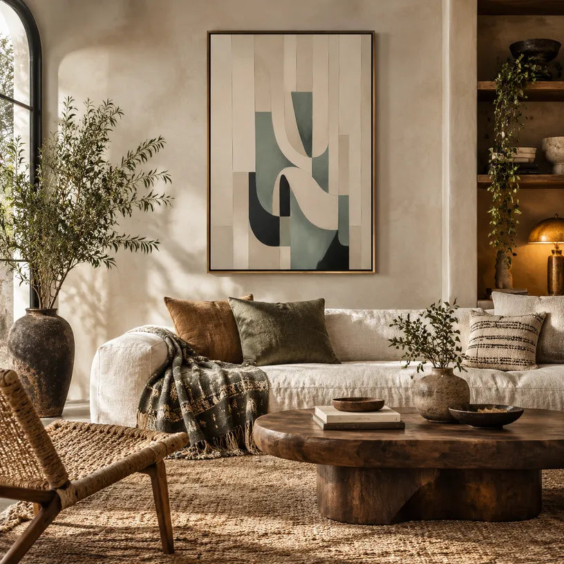 Wabi-Sabi abstract oil painting showing layered abstract marks, texture and expressive painterly movement in a beige palette.