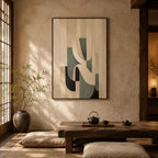 Wabi-Sabi abstract oil painting showing layered abstract marks, texture and expressive painterly movement in a beige palette.