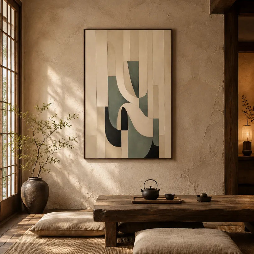 Wabi-Sabi abstract oil painting showing layered abstract marks, texture and expressive painterly movement in a beige palette.