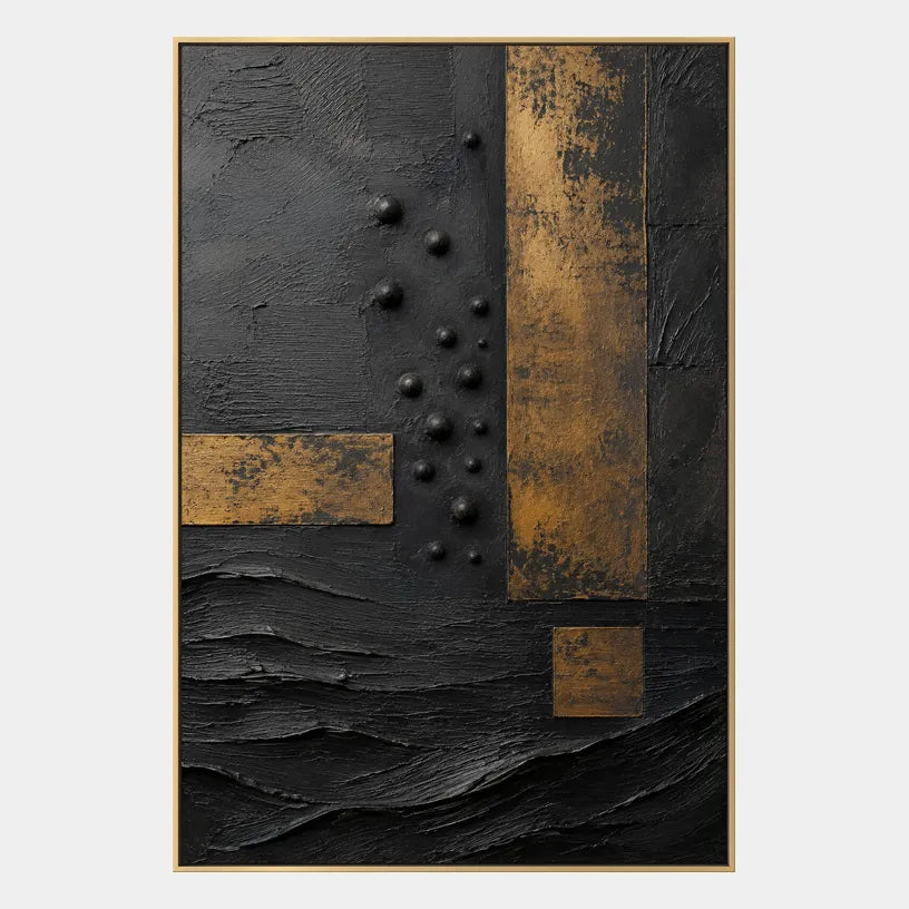 Wabi-Sabi abstract oil painting showing layered abstract marks, texture and expressive painterly movement in a black palette.