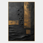 Wabi-Sabi abstract oil painting showing layered abstract marks, texture and expressive painterly movement in a black palette.