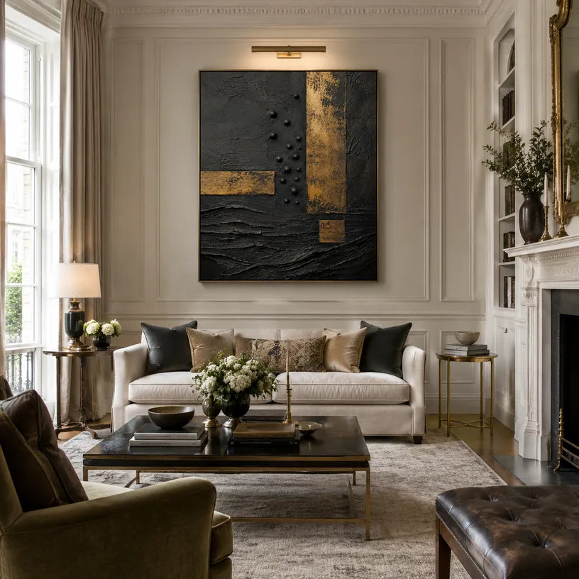 Wabi-Sabi abstract oil painting showing layered abstract marks, texture and expressive painterly movement in a black palette.