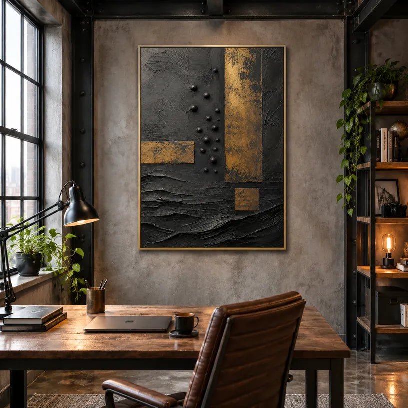 Wabi-Sabi abstract oil painting showing layered abstract marks, texture and expressive painterly movement in a black palette.