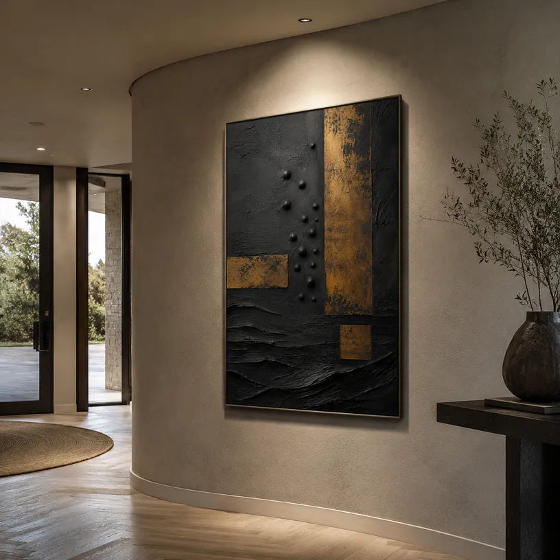 Wabi-Sabi abstract oil painting showing layered abstract marks, texture and expressive painterly movement in a black palette.