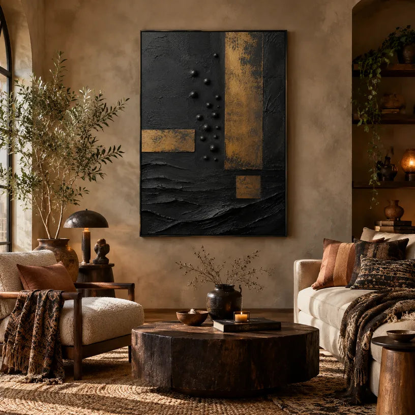 Wabi-Sabi abstract oil painting showing layered abstract marks, texture and expressive painterly movement in a black palette.