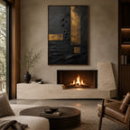 Wabi-Sabi abstract oil painting showing layered abstract marks, texture and expressive painterly movement in a black palette.