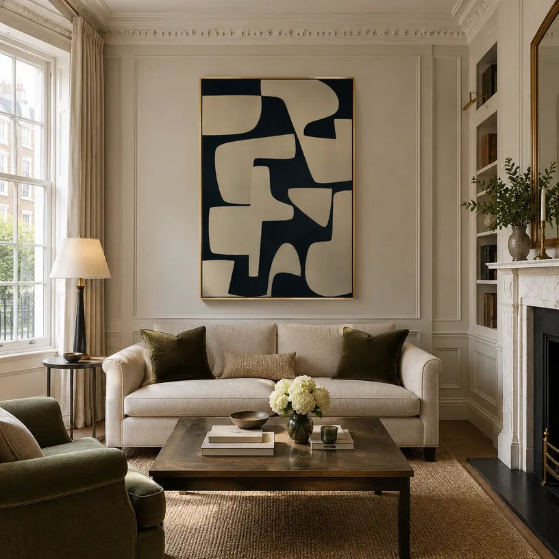 Wabi-Sabi abstract oil painting showing layered abstract marks, texture and expressive painterly movement in a yellow palette.