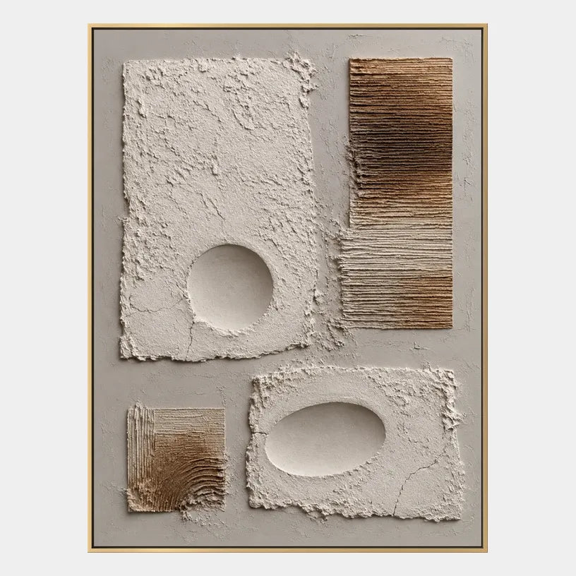 Wabi-Sabi abstract oil painting showing layered abstract marks, texture and expressive painterly movement in a brown palette.