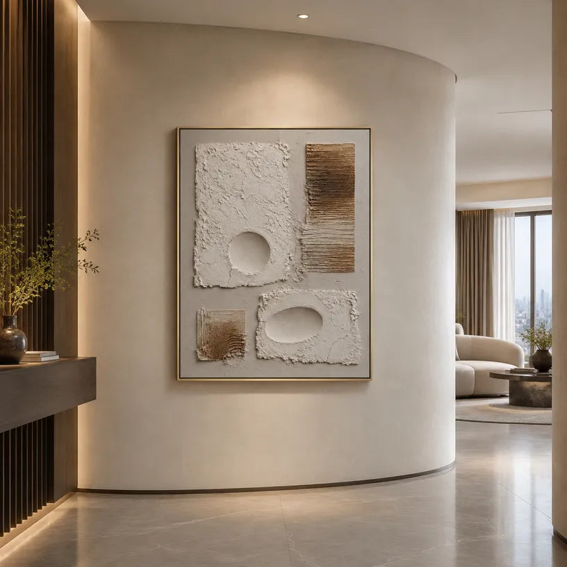 Wabi-Sabi abstract oil painting showing layered abstract marks, texture and expressive painterly movement in a brown palette.