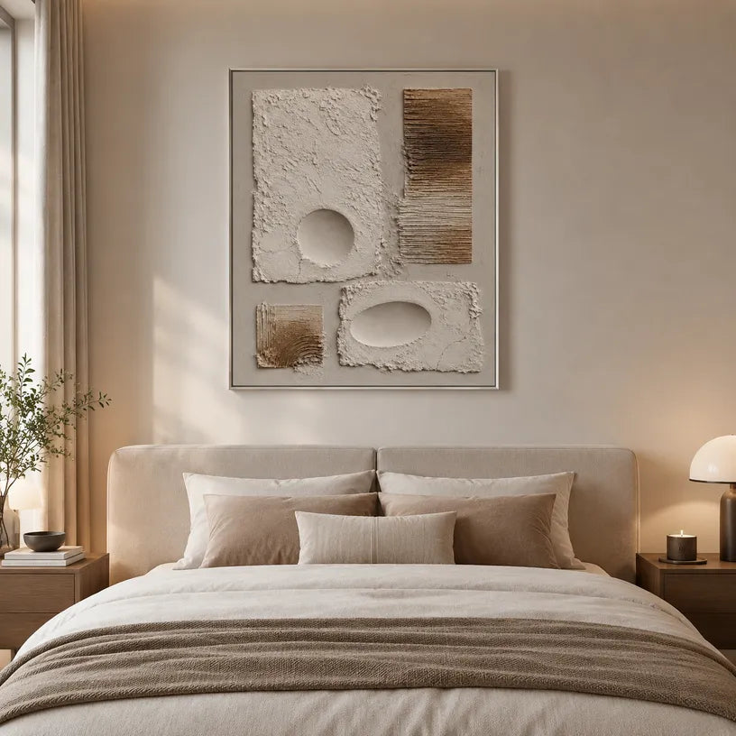 Wabi-Sabi abstract oil painting showing layered abstract marks, texture and expressive painterly movement in a brown palette.