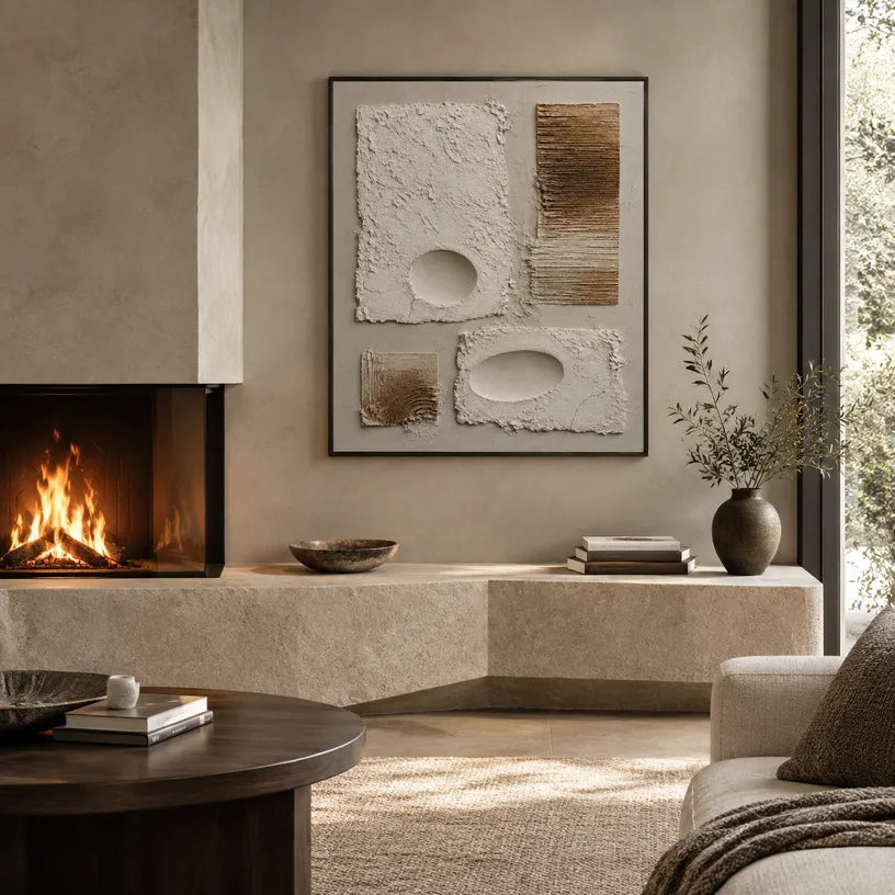 Wabi-Sabi abstract oil painting showing layered abstract marks, texture and expressive painterly movement in a brown palette.
