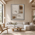 Wabi-Sabi abstract oil painting showing layered abstract marks, texture and expressive painterly movement in a brown palette.