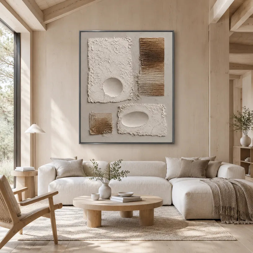 Wabi-Sabi abstract oil painting showing layered abstract marks, texture and expressive painterly movement in a brown palette.