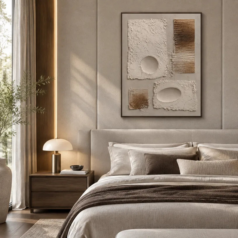 Wabi-Sabi abstract oil painting showing layered abstract marks, texture and expressive painterly movement in a brown palette.