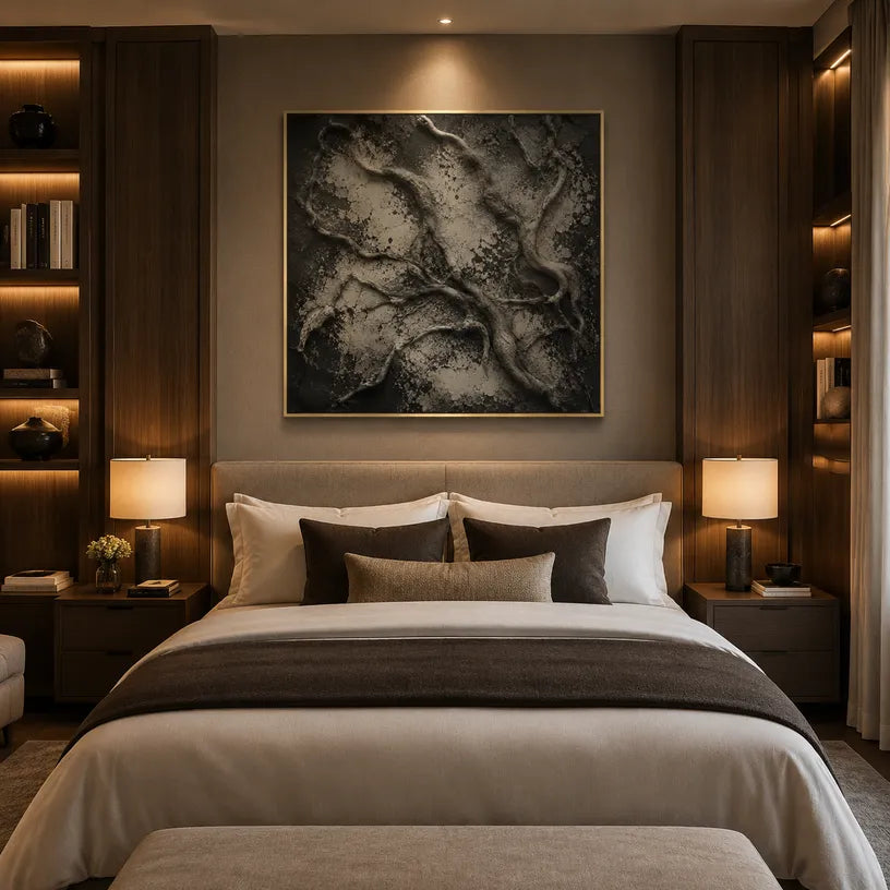 Wabi-Sabi abstract oil painting showing layered abstract marks, texture and expressive painterly movement in a brown palette.