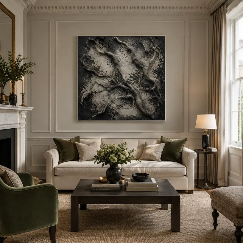 Wabi-Sabi abstract oil painting showing layered abstract marks, texture and expressive painterly movement in a brown palette.