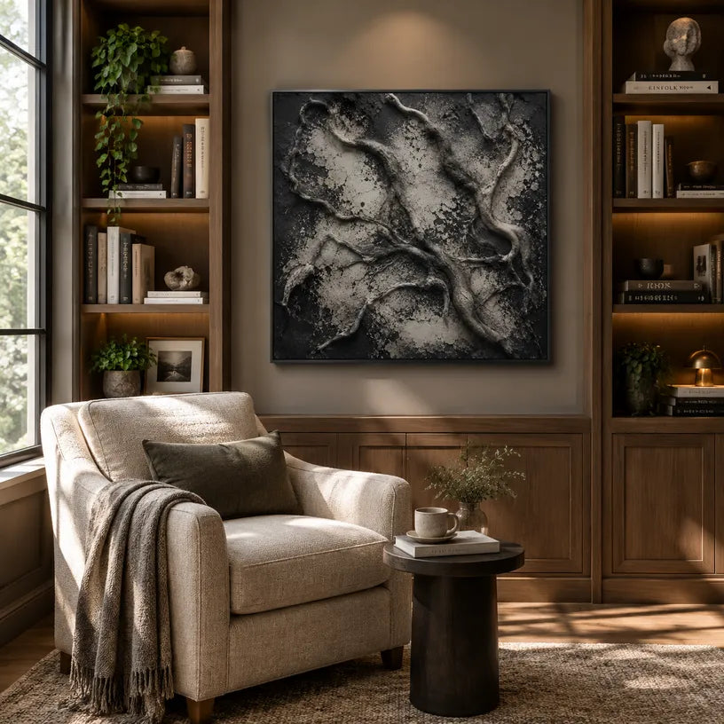 Wabi-Sabi abstract oil painting showing layered abstract marks, texture and expressive painterly movement in a brown palette.