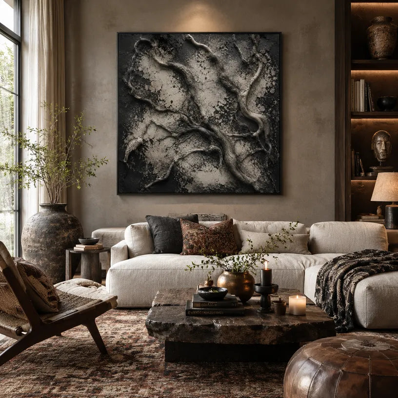 Wabi-Sabi abstract oil painting showing layered abstract marks, texture and expressive painterly movement in a brown palette.