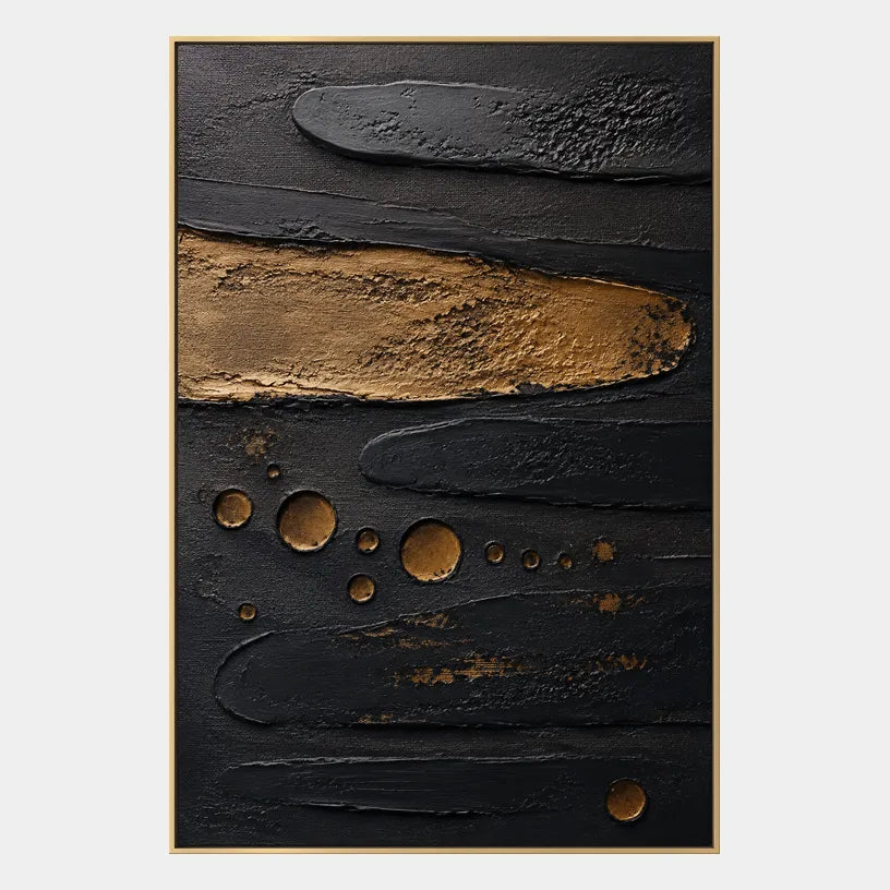 Wabi-Sabi abstract oil painting showing layered abstract marks, texture and expressive painterly movement in a black palette.