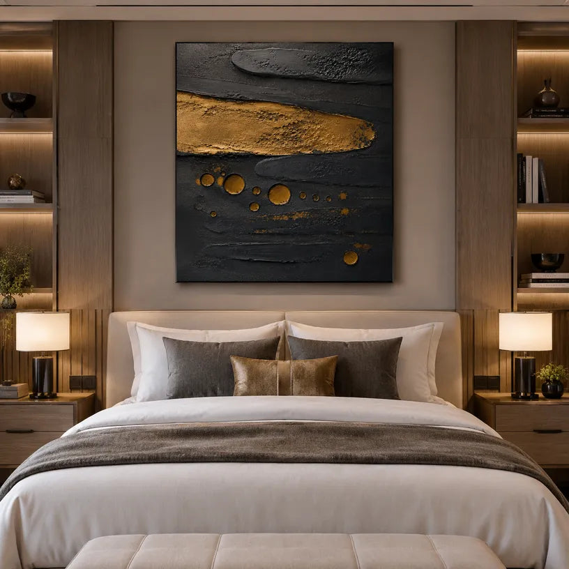 Wabi-Sabi abstract oil painting showing layered abstract marks, texture and expressive painterly movement in a black palette.