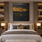 Wabi-Sabi abstract oil painting showing layered abstract marks, texture and expressive painterly movement in a black palette.