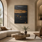 Wabi-Sabi abstract oil painting showing layered abstract marks, texture and expressive painterly movement in a black palette.