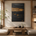 Wabi-Sabi abstract oil painting showing layered abstract marks, texture and expressive painterly movement in a black palette.