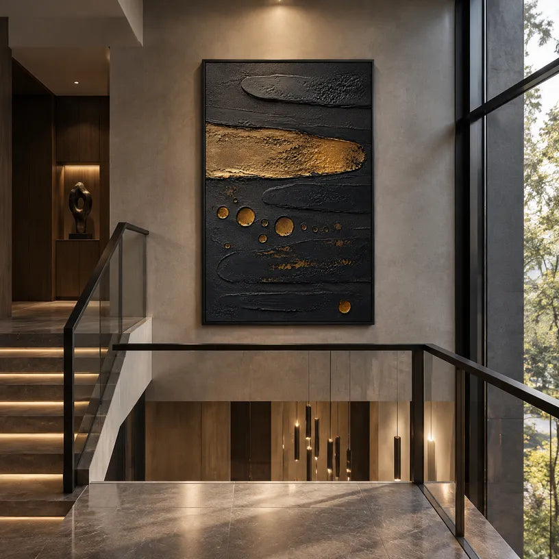 Wabi-Sabi abstract oil painting showing layered abstract marks, texture and expressive painterly movement in a black palette.
