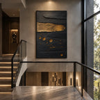 Wabi-Sabi abstract oil painting showing layered abstract marks, texture and expressive painterly movement in a black palette.