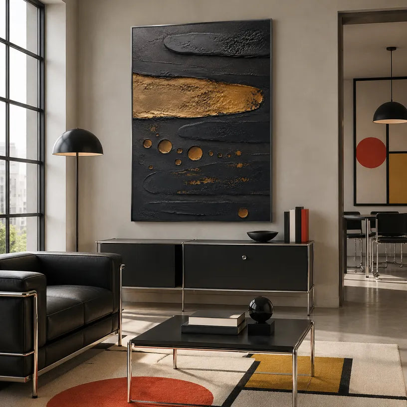 Wabi-Sabi abstract oil painting showing layered abstract marks, texture and expressive painterly movement in a black palette.