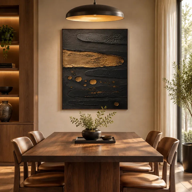 Wabi-Sabi abstract oil painting showing layered abstract marks, texture and expressive painterly movement in a black palette.