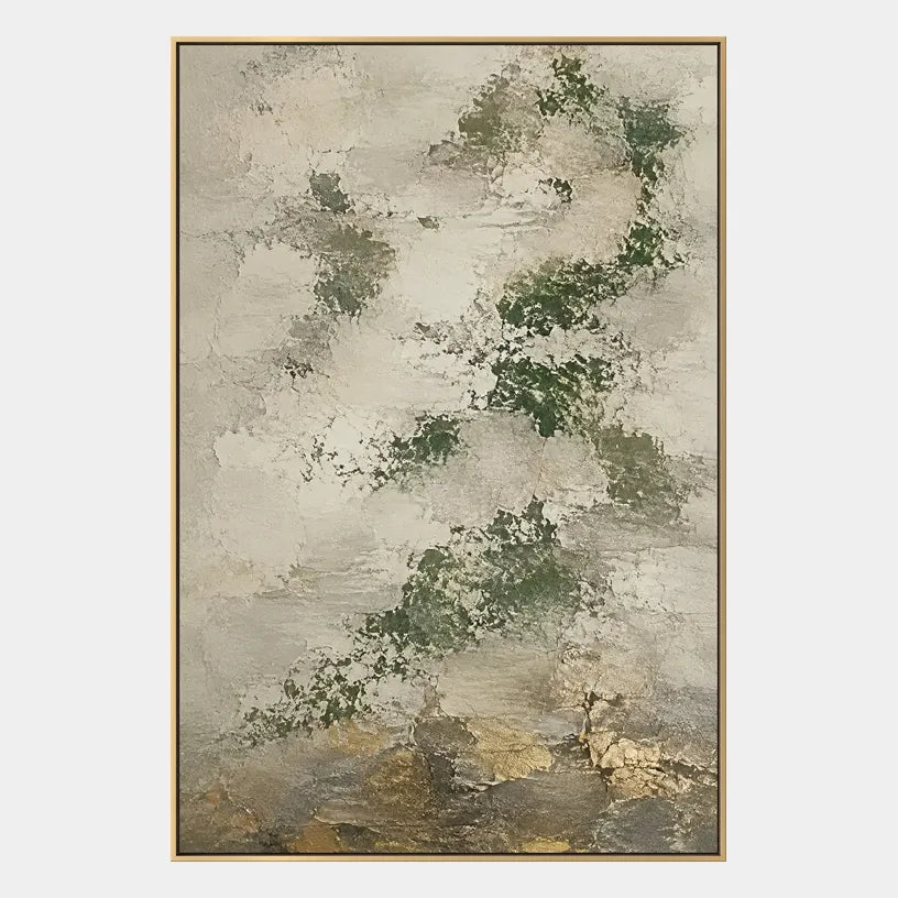 Wabi-Sabi abstract oil painting showing layered abstract marks, texture and expressive painterly movement in a yellow palette.