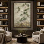 Wabi-Sabi abstract oil painting showing layered abstract marks, texture and expressive painterly movement in a yellow palette.
