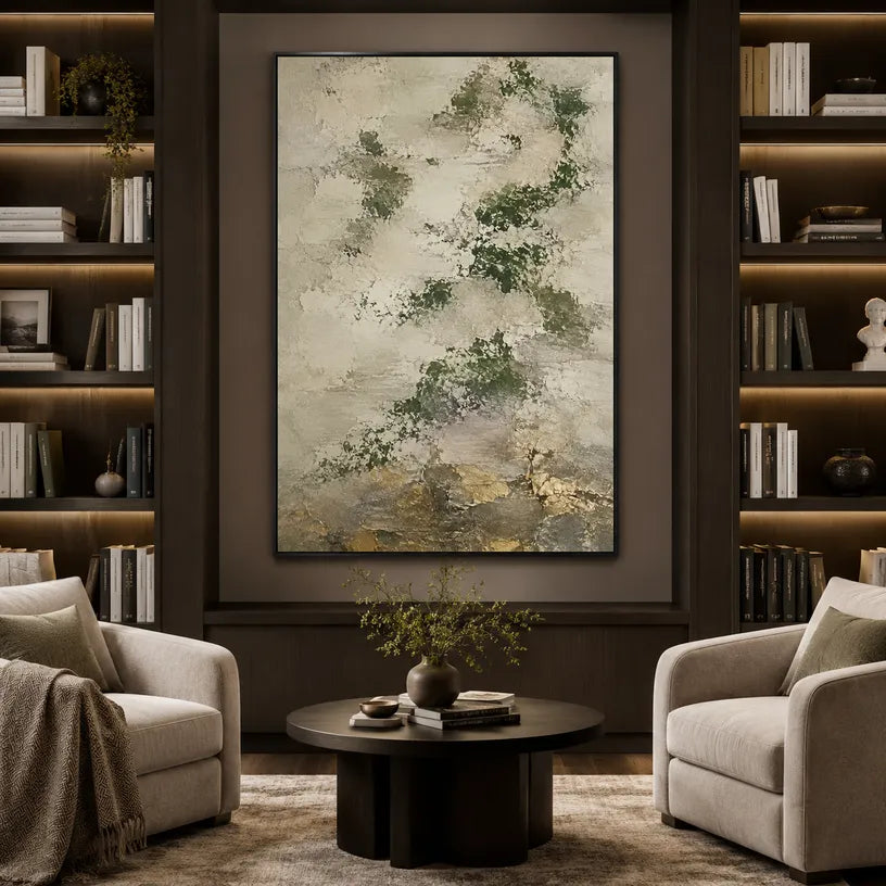 Wabi-Sabi abstract oil painting showing layered abstract marks, texture and expressive painterly movement in a yellow palette.