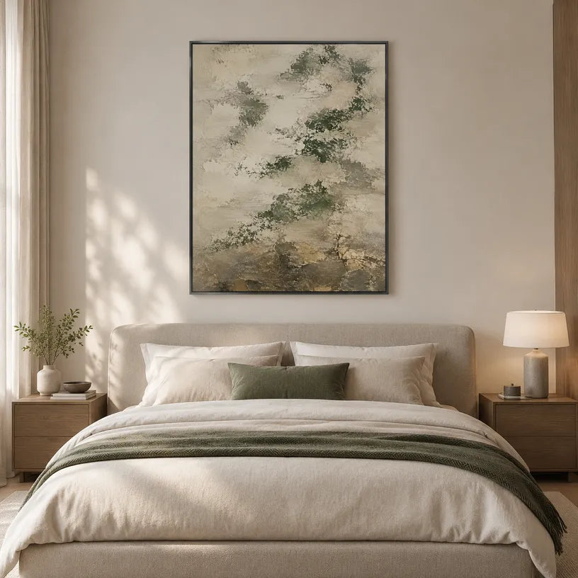 Wabi-Sabi abstract oil painting showing layered abstract marks, texture and expressive painterly movement in a yellow palette.