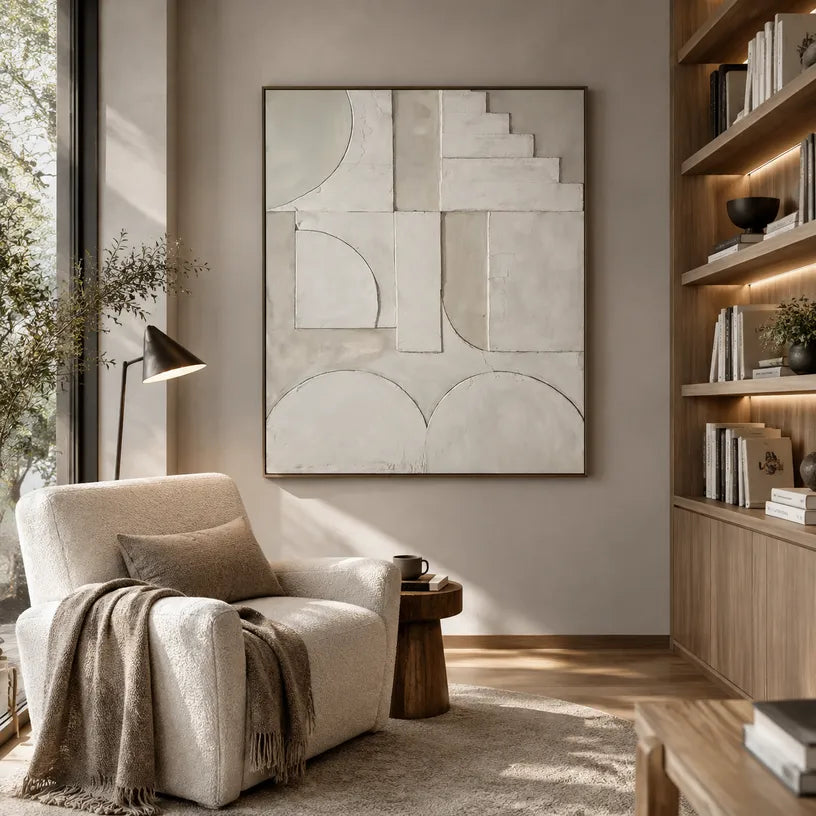 Wabi-Sabi abstract oil painting showing layered abstract marks, texture and expressive painterly movement in a grey palette.
