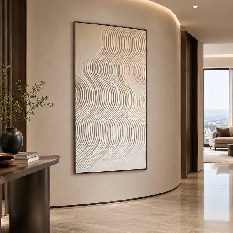 Peinture à l'huile abstraite et conceptuelle Wabi-Sabi présentant des marques abstraites superposées, une texture et un mouvement pictural expressif dans une palette beige.