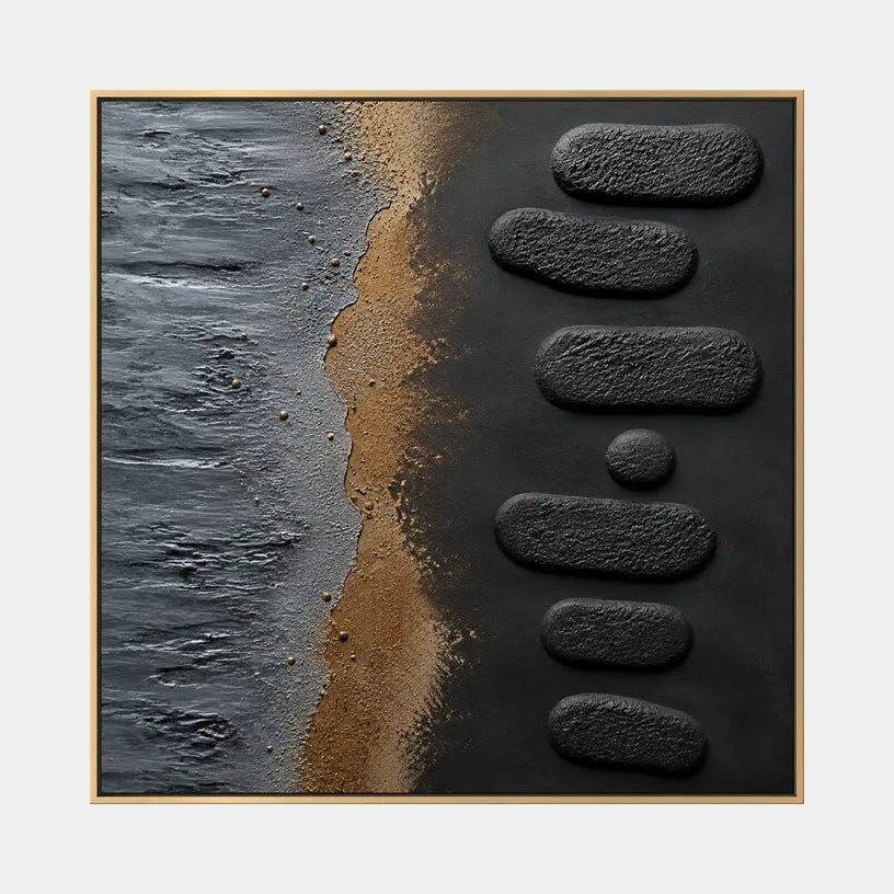 Wabi-Sabi abstract oil painting showing layered abstract marks, texture and expressive painterly movement in a black palette.