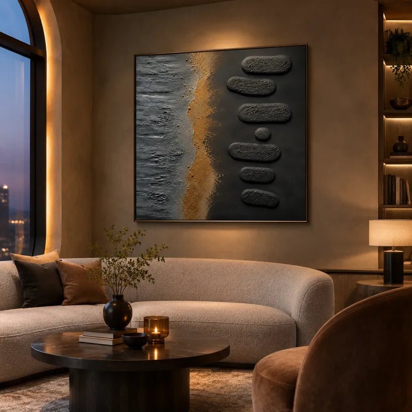 Wabi-Sabi abstract oil painting showing layered abstract marks, texture and expressive painterly movement in a black palette.