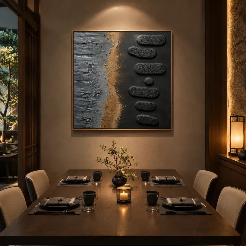 Wabi-Sabi abstract oil painting showing layered abstract marks, texture and expressive painterly movement in a black palette.